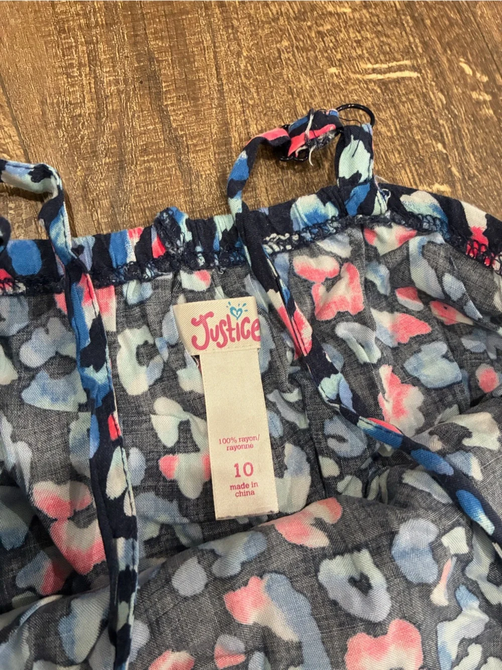 Justice Leopard Print Ruffle Cami Romper in Navy, Pink & Light Blue